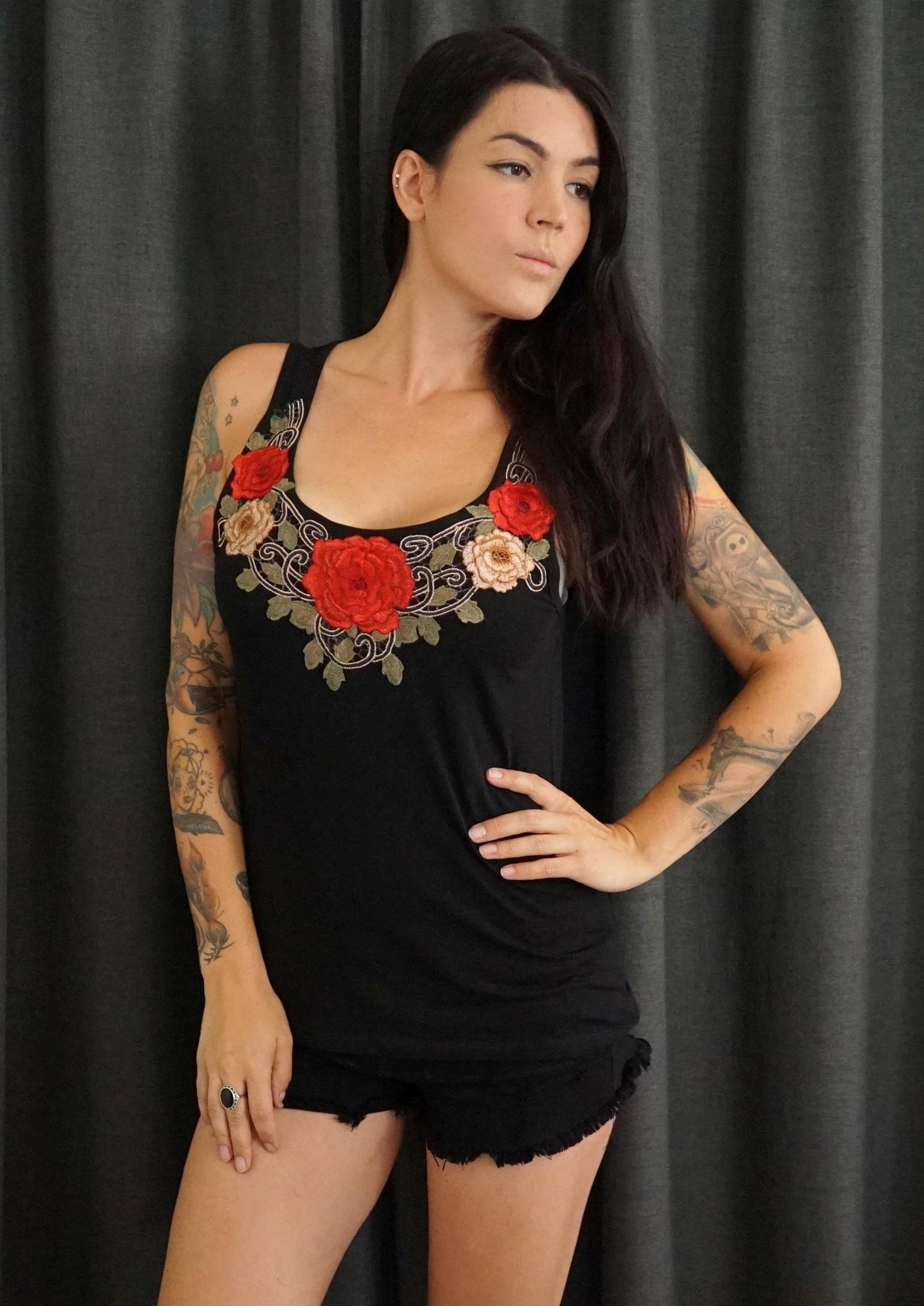 Olivia Paige Clothing -Embroidery  appliqué tattoo rose roses tank top