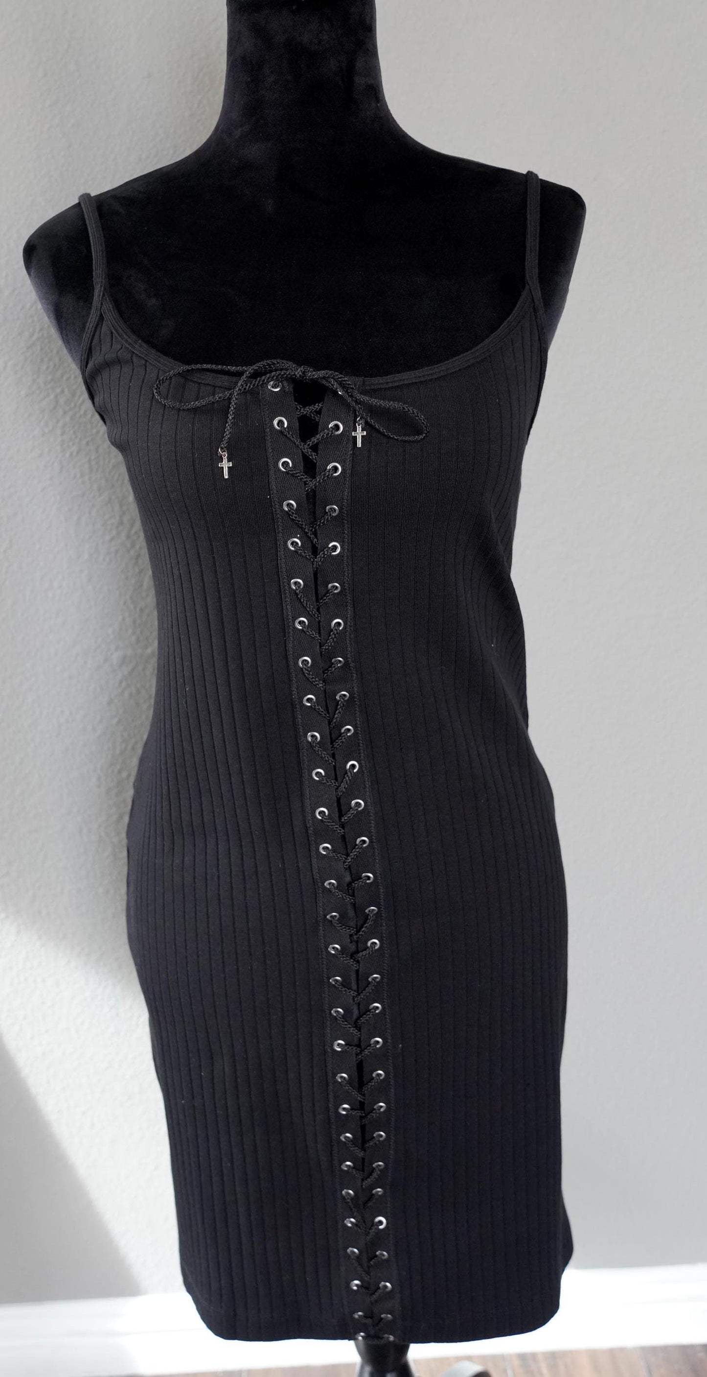 Olivia Paige -  Skinny Mid dress with front lace up Cross Charms