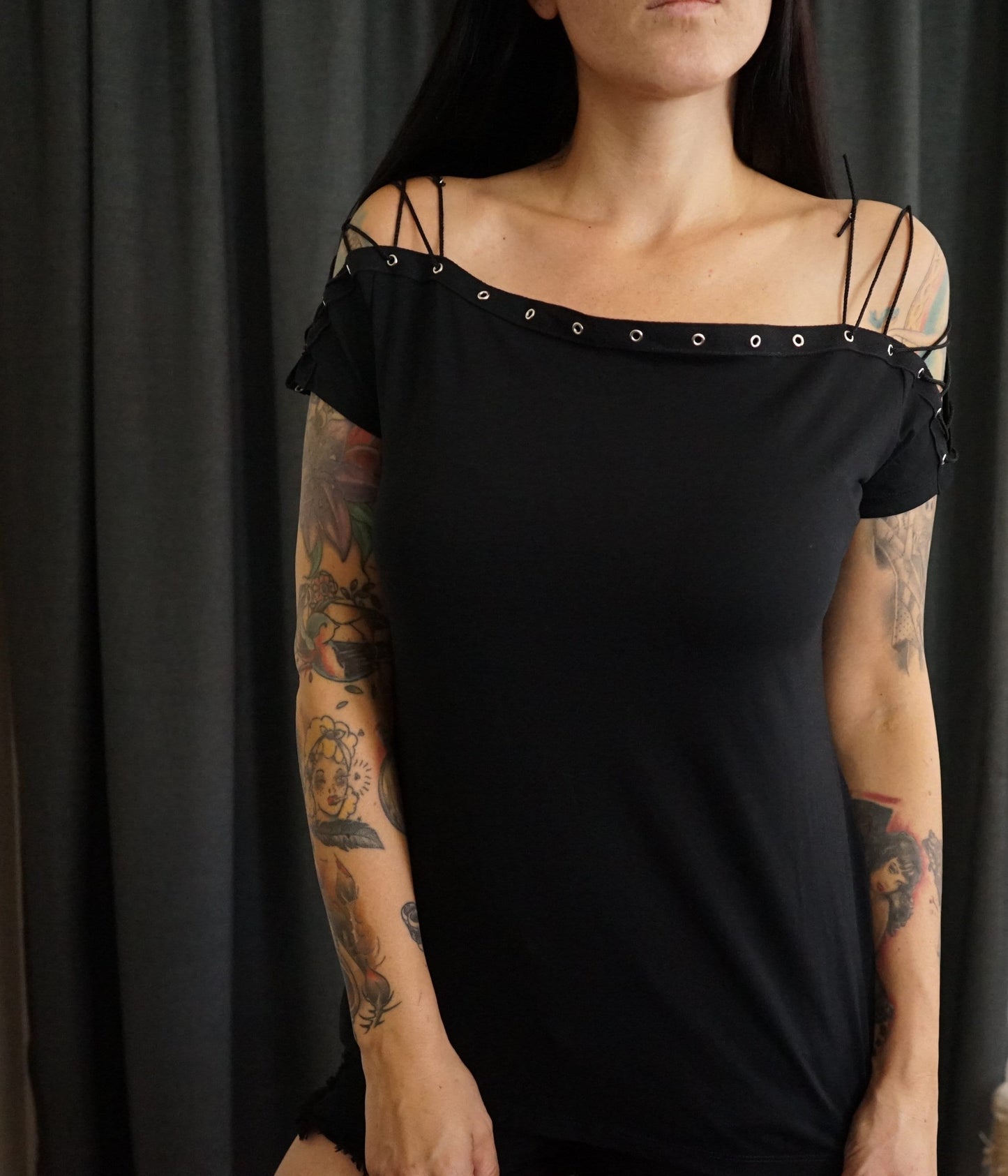 Olivia Paige -Eyelet tank top  lacing lace up  shirt Shoulder off