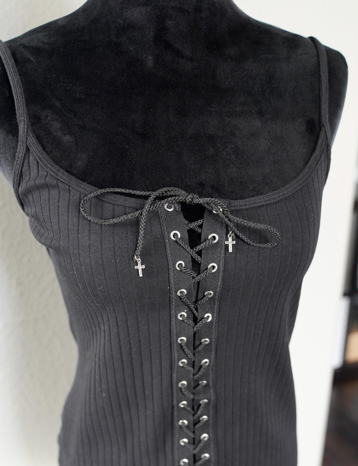 Olivia Paige -  Skinny Mid dress with front lace up Cross Charms