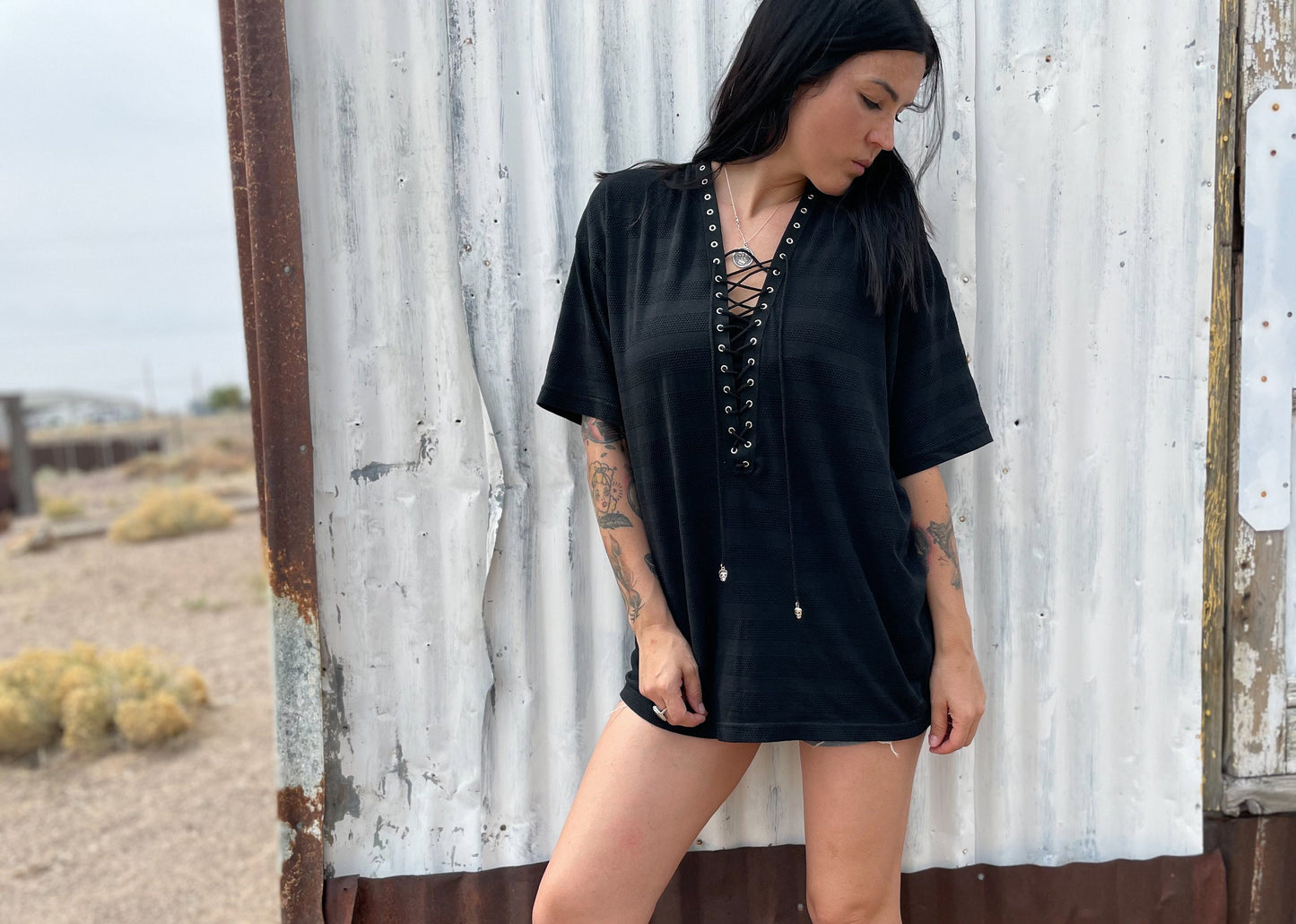 Olivia Paige -Black Front Tee Shirt Grommets Lace up