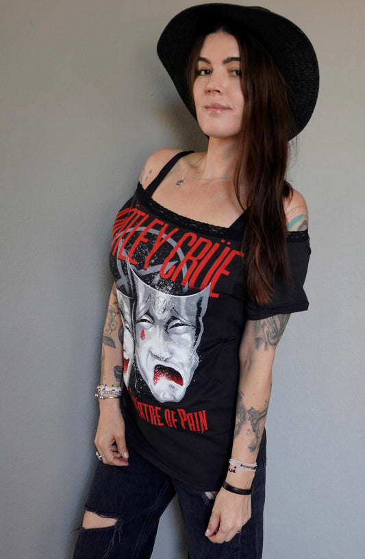 Motley Crue Band Tee: Lace-Up Scoop Neck, Shoulders Off - Upcycled Concert Shirt