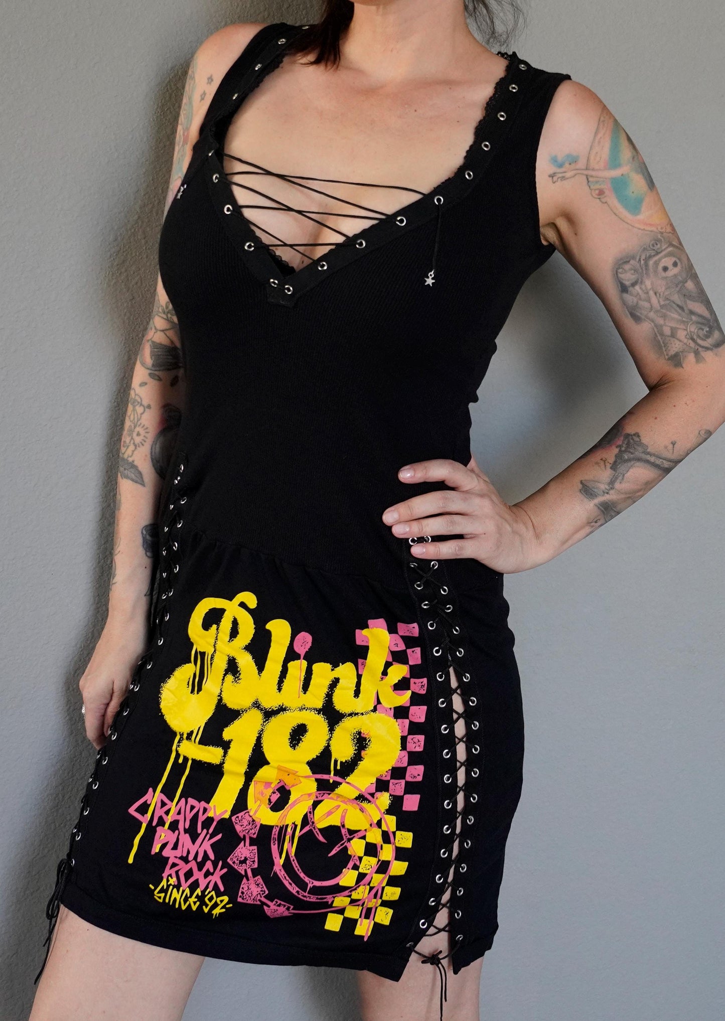 Olivia Paige Clothing - Blink 182 Custom dress Tee with eyelets lace ups