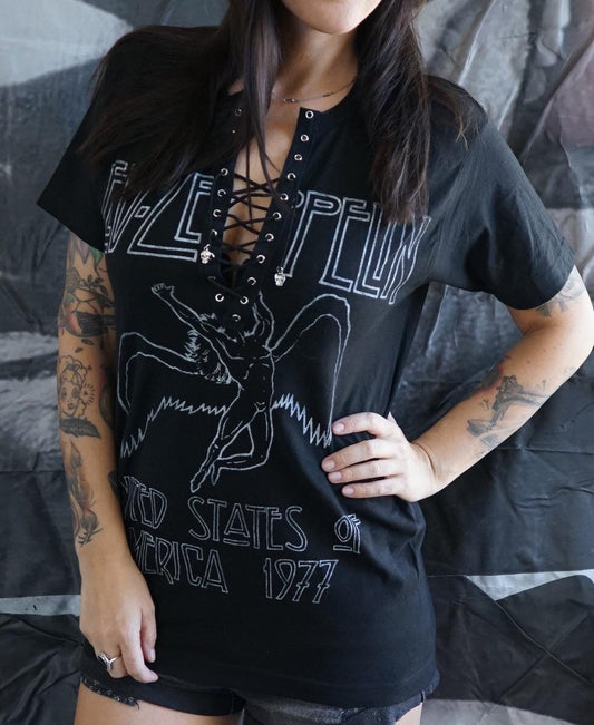 Led Zeppelin Lace-Up Band Tee: Upcycled Concert T-Shirt