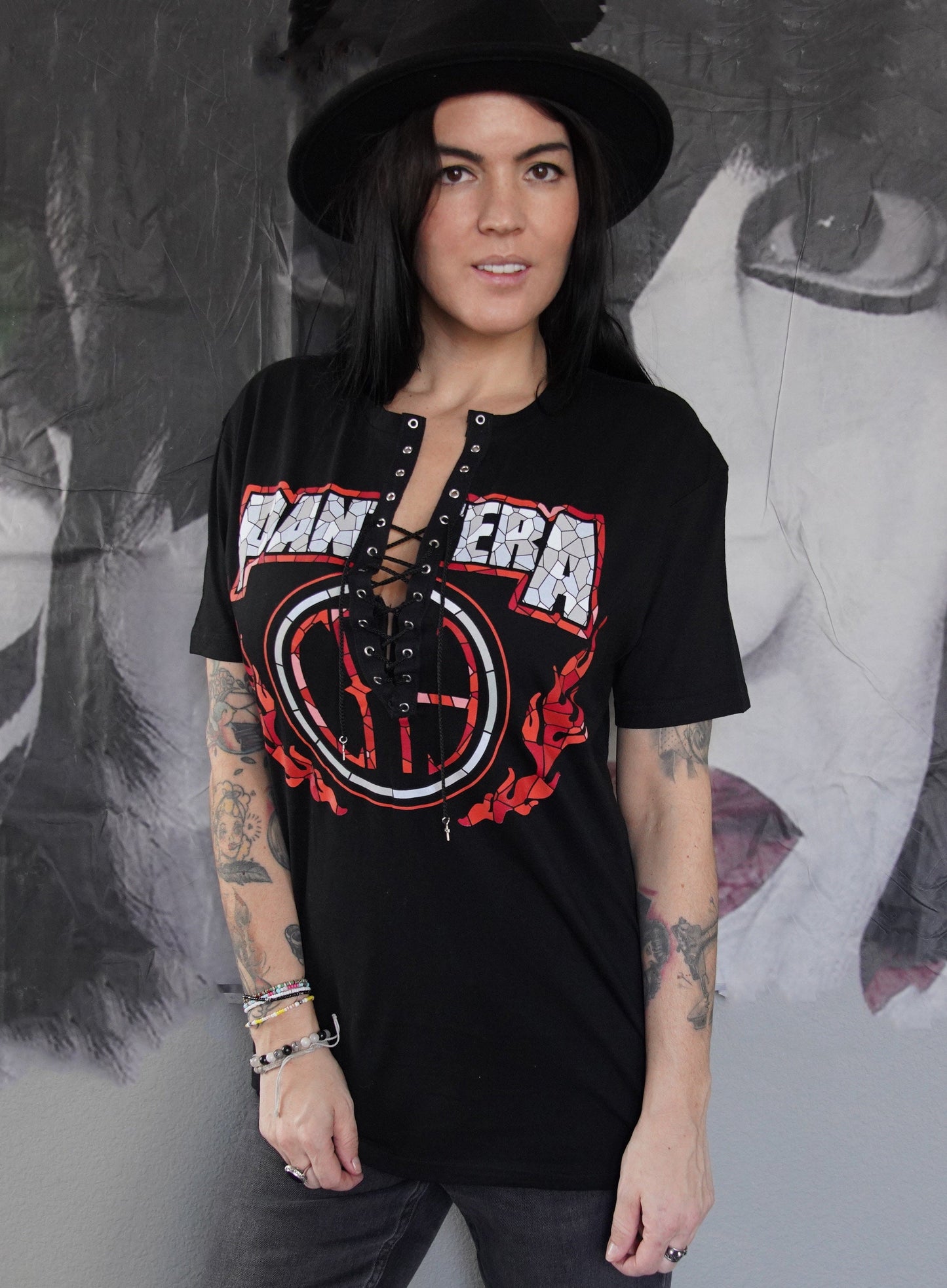 Pantera Lace-Up Band Tee: Acid Wash Concert Shirt