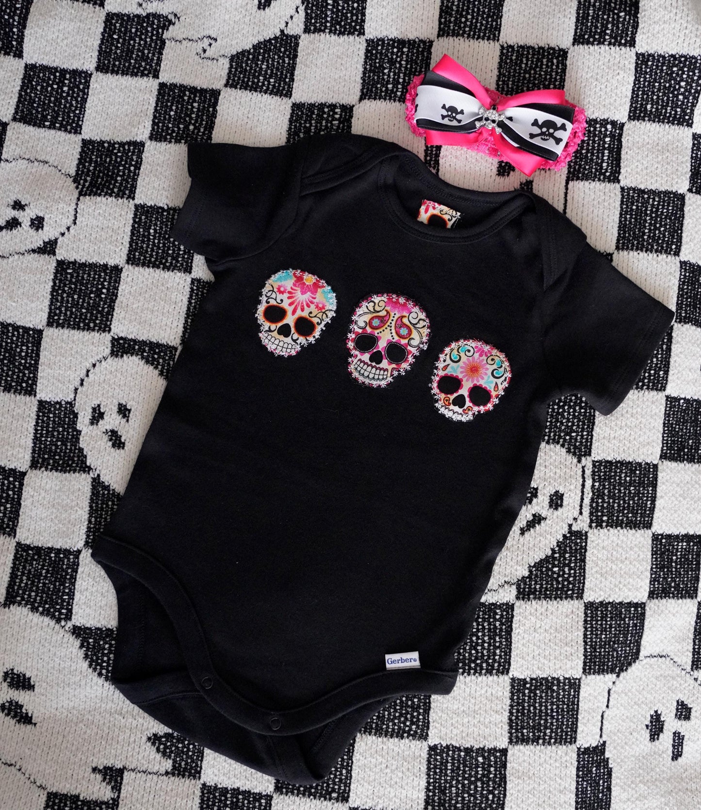 Sugar Skull Baby Bodysuit: Rockabilly Punk Outfit with Hair Bow