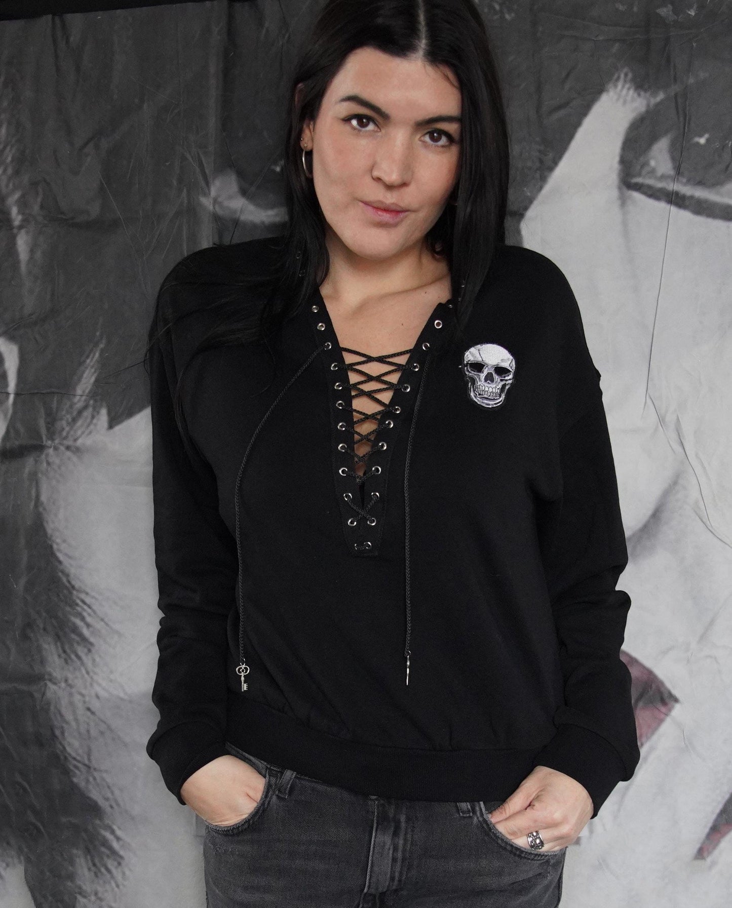 Olivia Paige -Sweatshirt Skull skeleton Lace up V-neck Grommets Eyelets