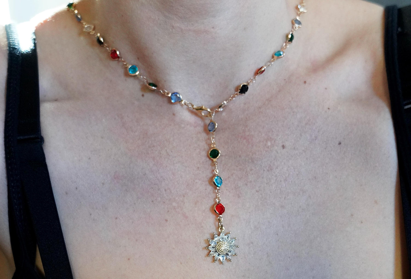 Olivia Paige -Bohemian Boho romantic flower Sunflower necklace with small colors glass