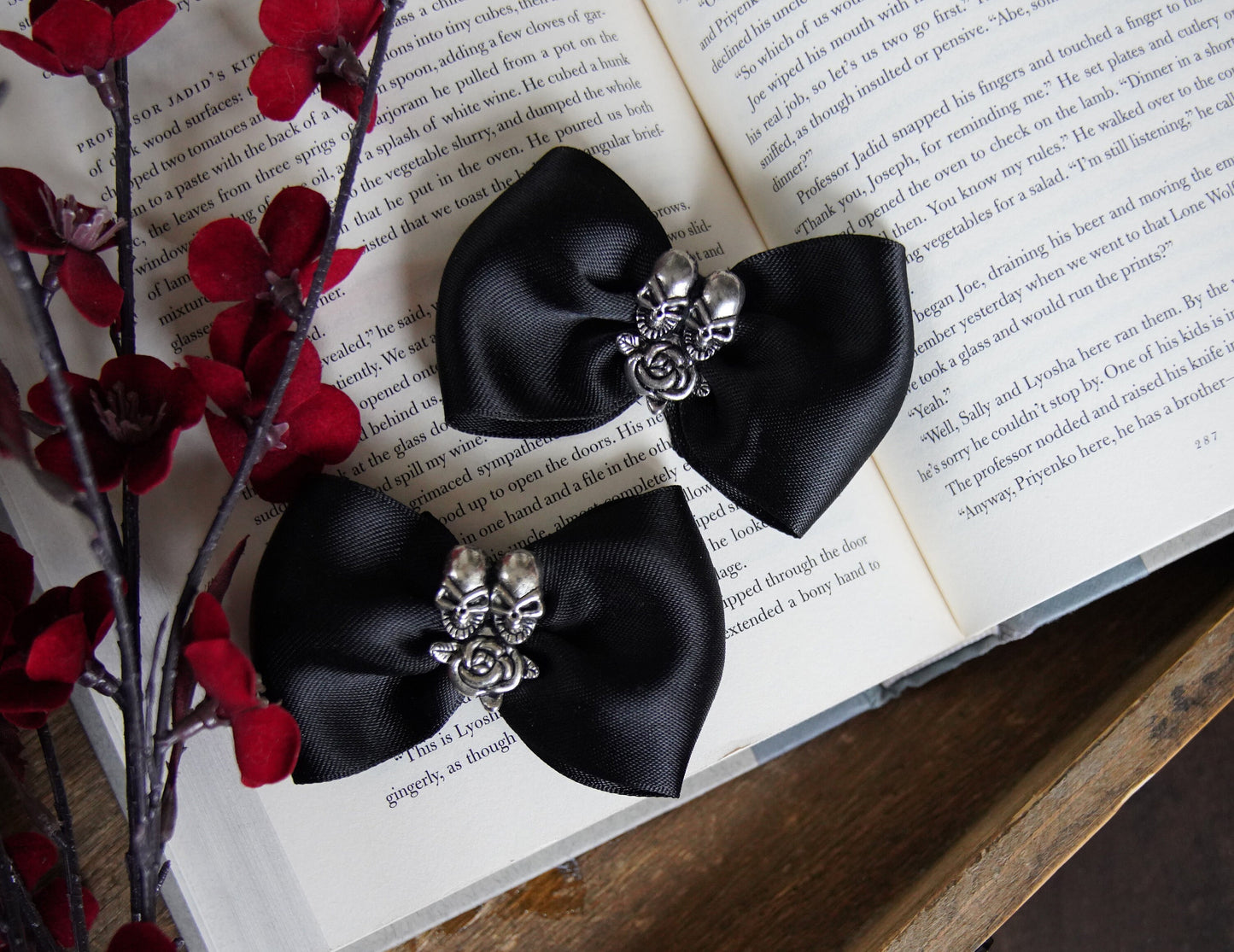 Olivia Paige - Black satin Bows Sugar skulls silver Roses tattoo Shoe Clips