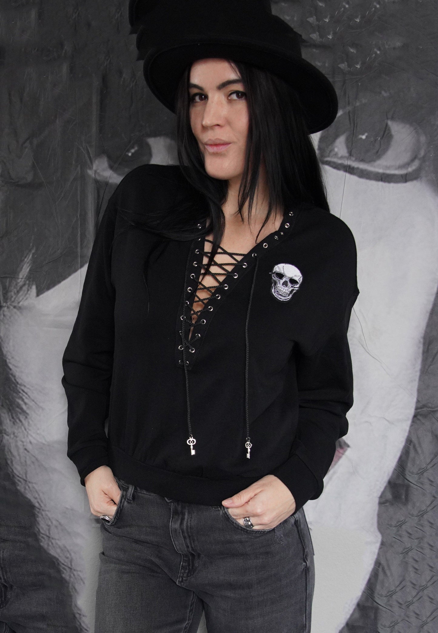 Olivia Paige -Sweatshirt Skull skeleton Lace up V-neck Grommets Eyelets