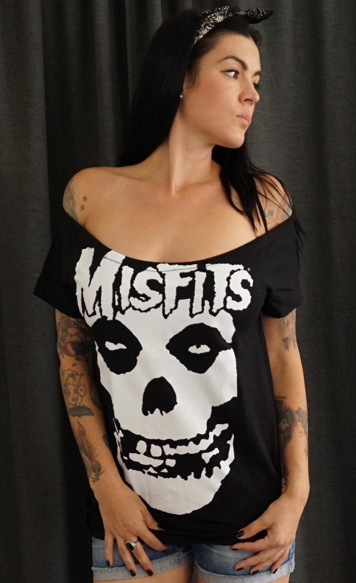 Misfits Lace-Up Concert Tee: Upcycled Band Shirt, Shoulder Cutout