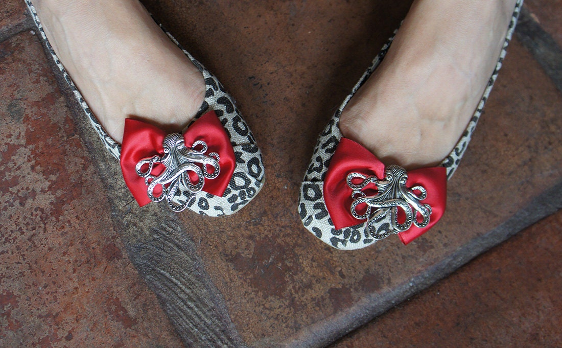 Olivia Paige -Red satin Bows Octopus Leopard SHOE CLIPS  Rockabilly Pin up