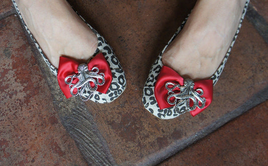 Olivia Paige -Red satin Bows Octopus Leopard SHOE CLIPS  Rockabilly Pin up