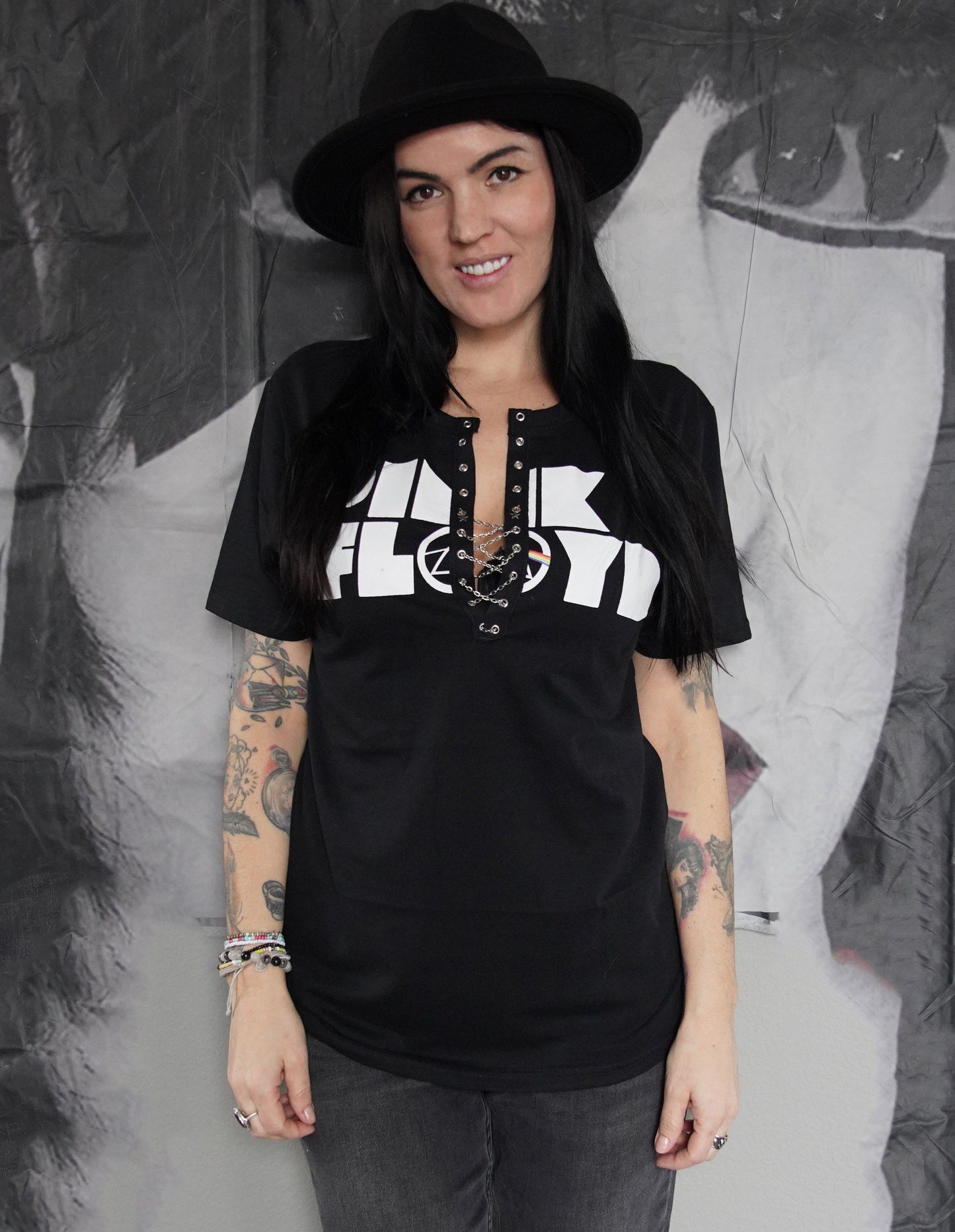 Pink Floyd Lace-Up Band Tee: Reworked Concert T-Shirt