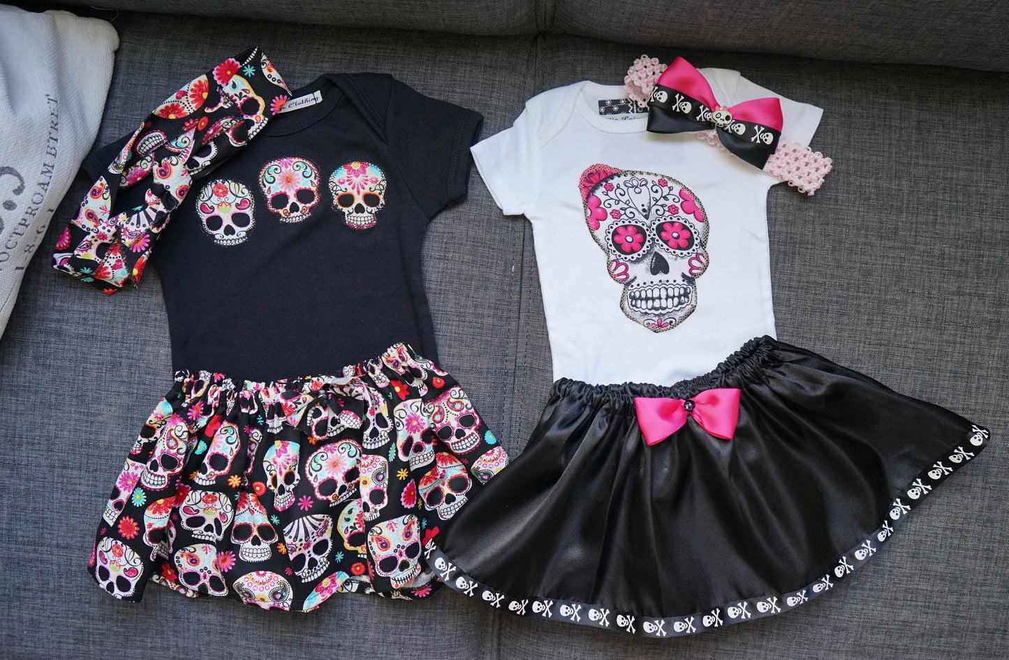 Olivia Paige - Little sugar skull rockabilly punk rock outfit bodysuit with skirt headband bow