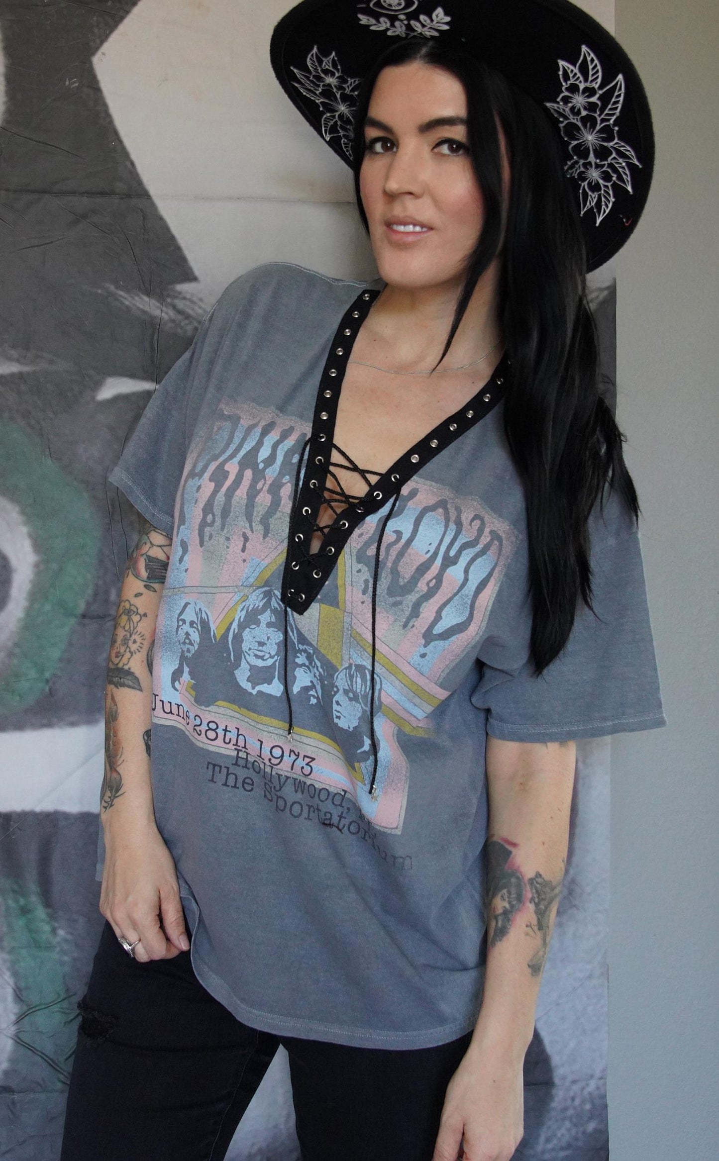 Pink Floyd Lace-Up Band Tee: Reworked Concert T-Shirt