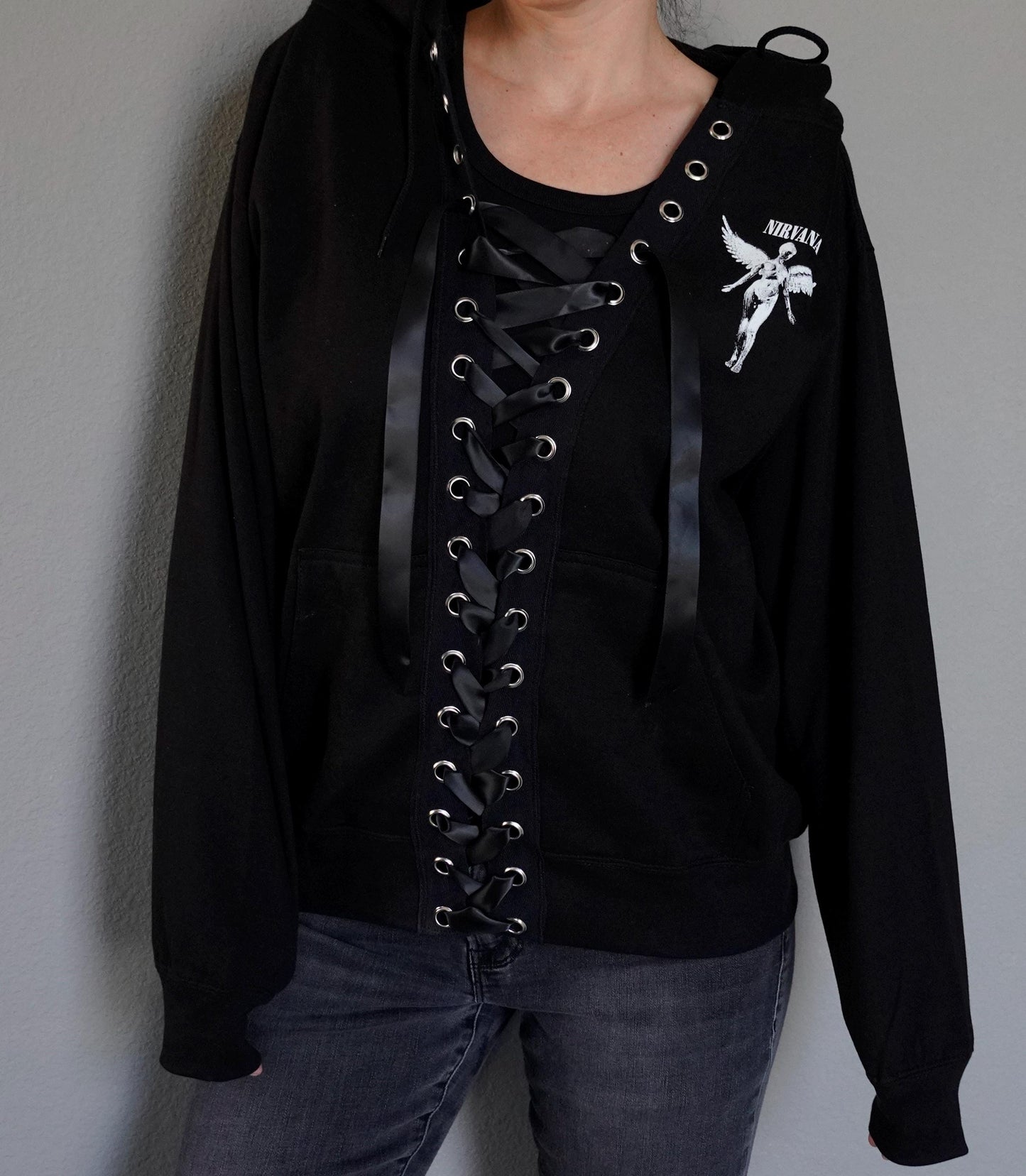 NIRVANA Sweatshirt Top with lacing lace up Black Satin Ribbon  Band Top Hoodie