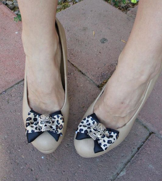 Olivia Paige- Pin up rockabilly  Leopard  satin black shoes clips sugar skulls skeleton