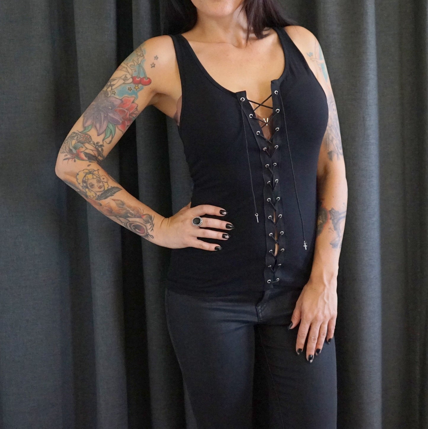 Lace-Up Black Tank Top: Rock Concert Festival Style