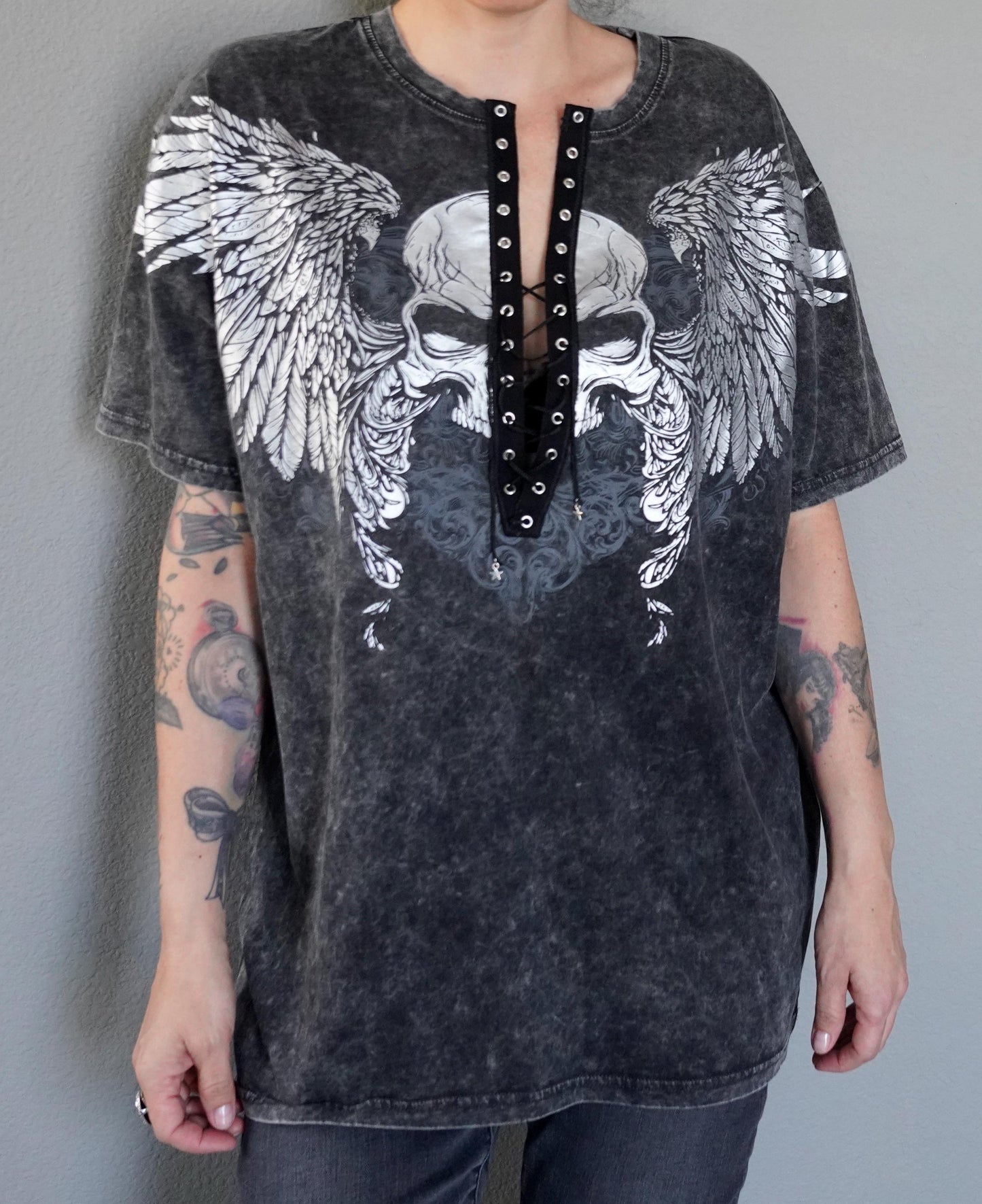 Olivia Paige -  Oversized Skull Wings concert Tee shirt with front lace up