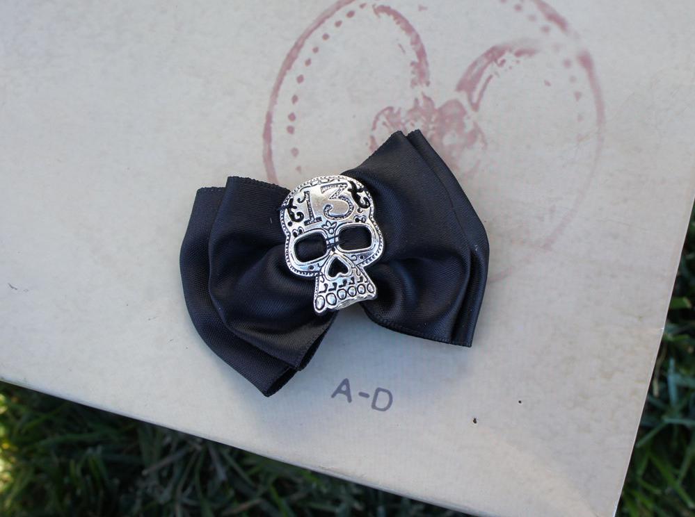 Olivia Paige - Black Satin glamour sugar skull skeleton bow goth gothic Hair clip