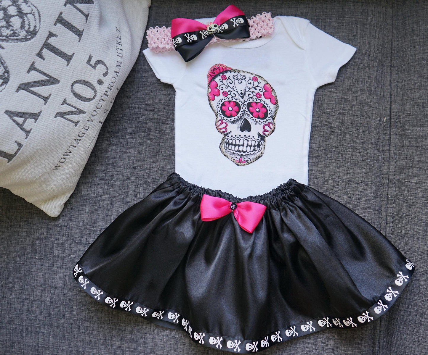 Olivia Paige - Little sugar skull rockabilly punk rock outfit bodysuit with skirt headband bow