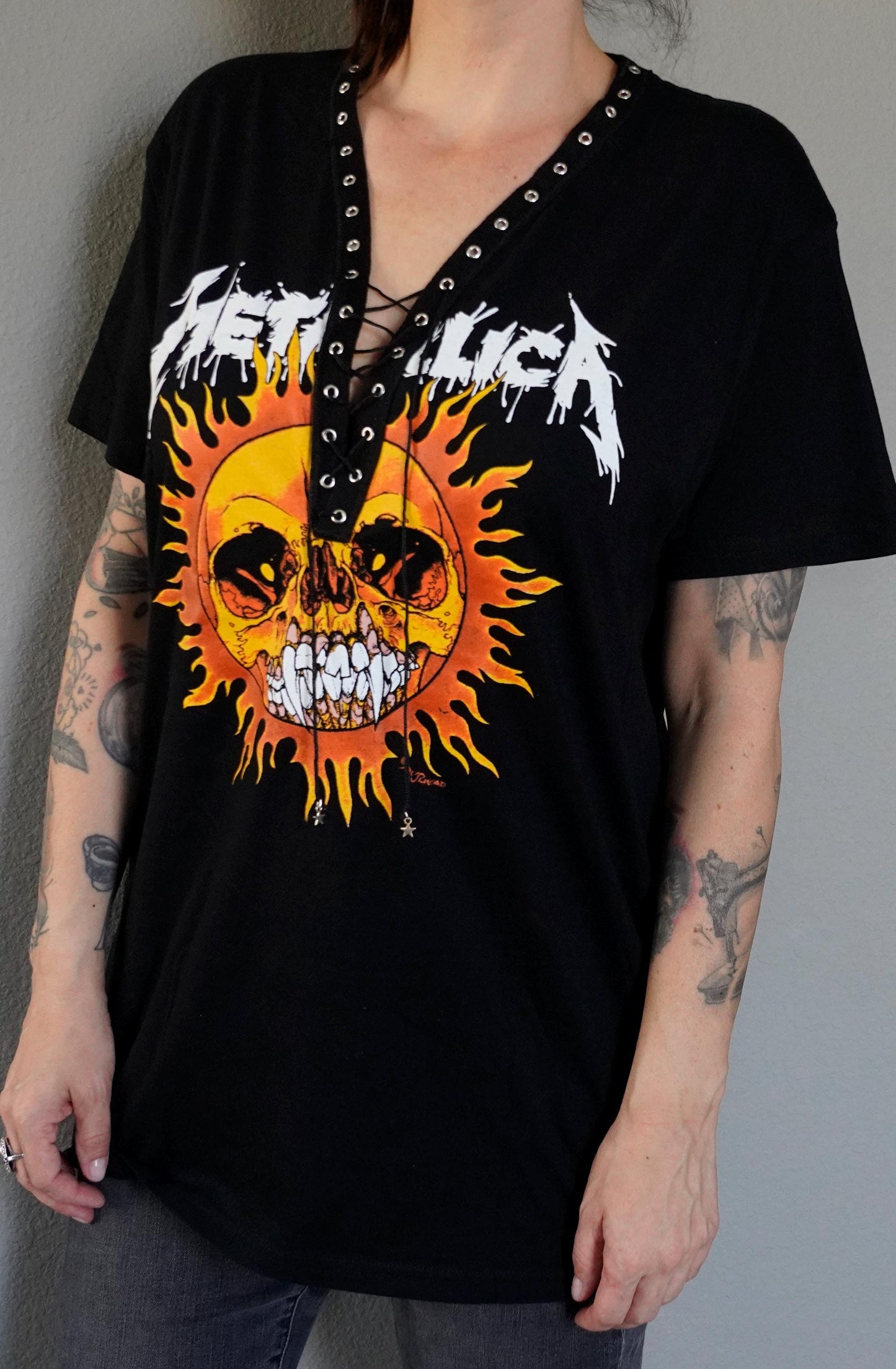 Lace-Up Metallica Concert Tee: Hand-Altered Band Shirt
