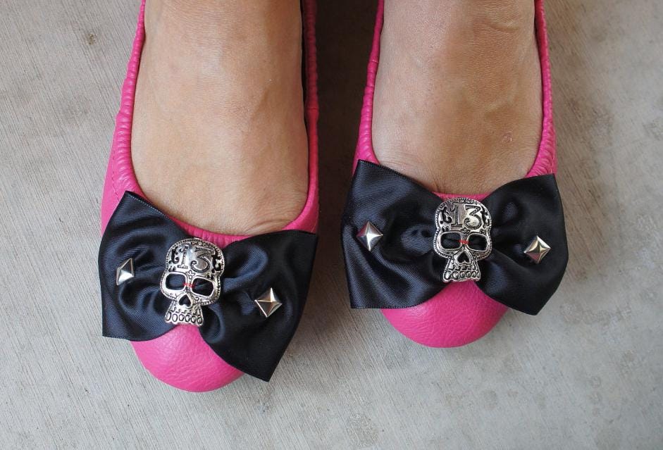 Sugar Skull Shoe Clips: Satin Bow Rockabilly Pin Up