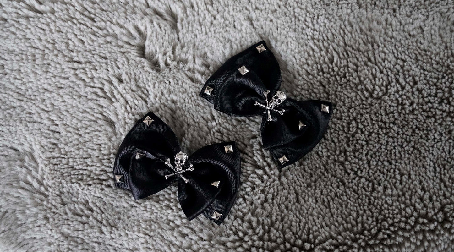 Black Satin Bow Shoe Clips: Sugar Skull Studded Punk Rock