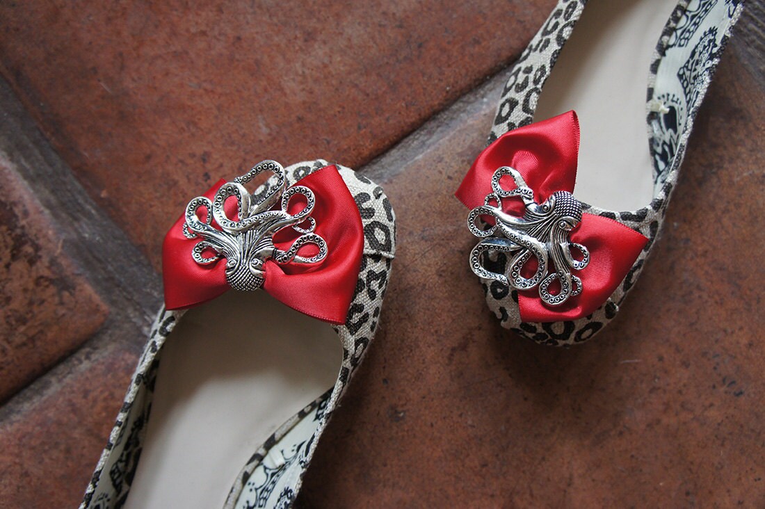 Olivia Paige -Red satin Bows Octopus Leopard SHOE CLIPS  Rockabilly Pin up