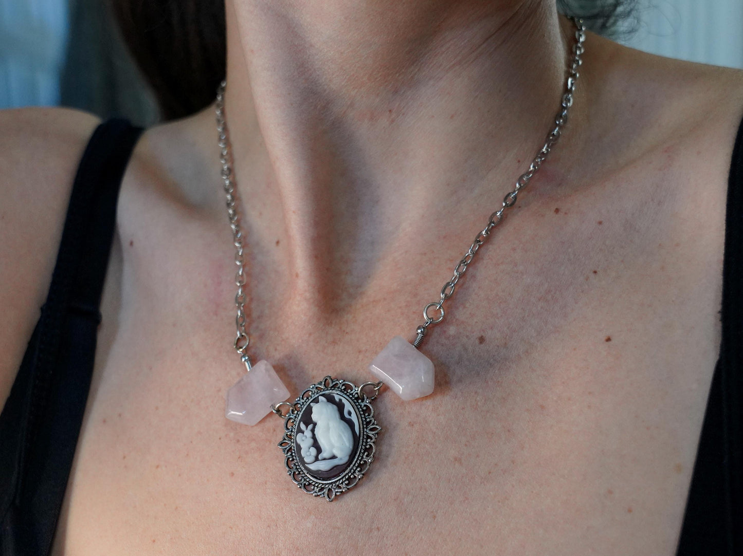 Cameo Cat Rose Quartz Necklace: Silver Skeleton Gemstone Jewelry