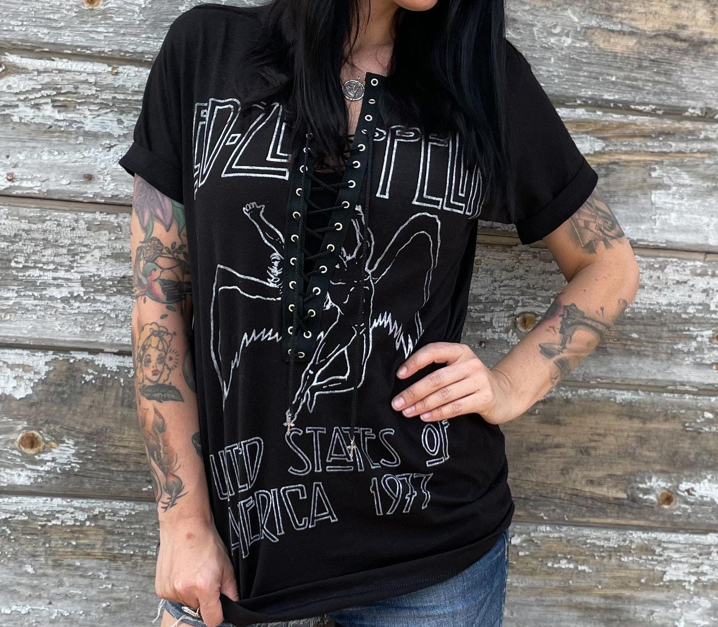 Led Zeppelin Lace-Up Band Tee: Upcycled Concert T-Shirt