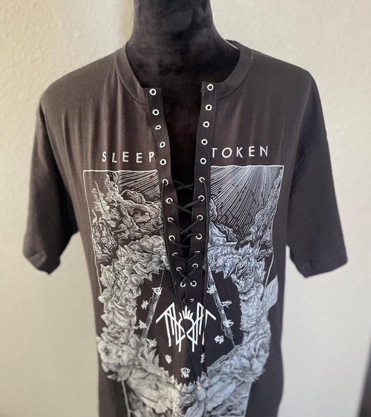 Sleep Token Lace-Up Band Tee: Acid Wash Concert Shirt