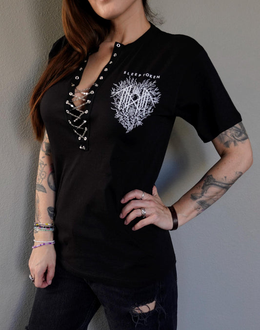 Sleep Token Band Tee: Lace-Up Concert Shirt, Upcycled Music Festival Fashion