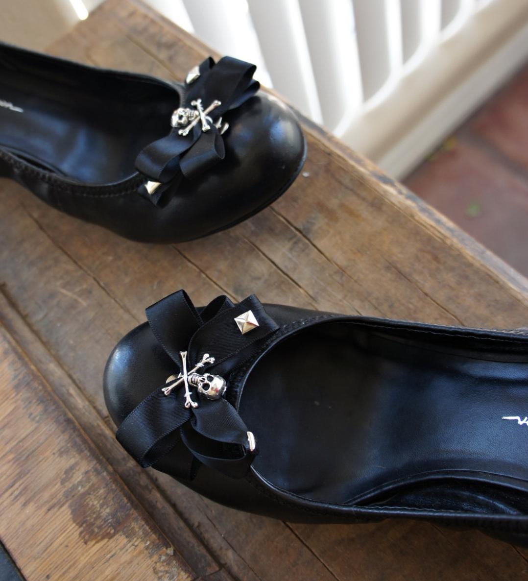 Olivia Paige - Black  satin Bows pyramids  Sugar skull shoe Clips