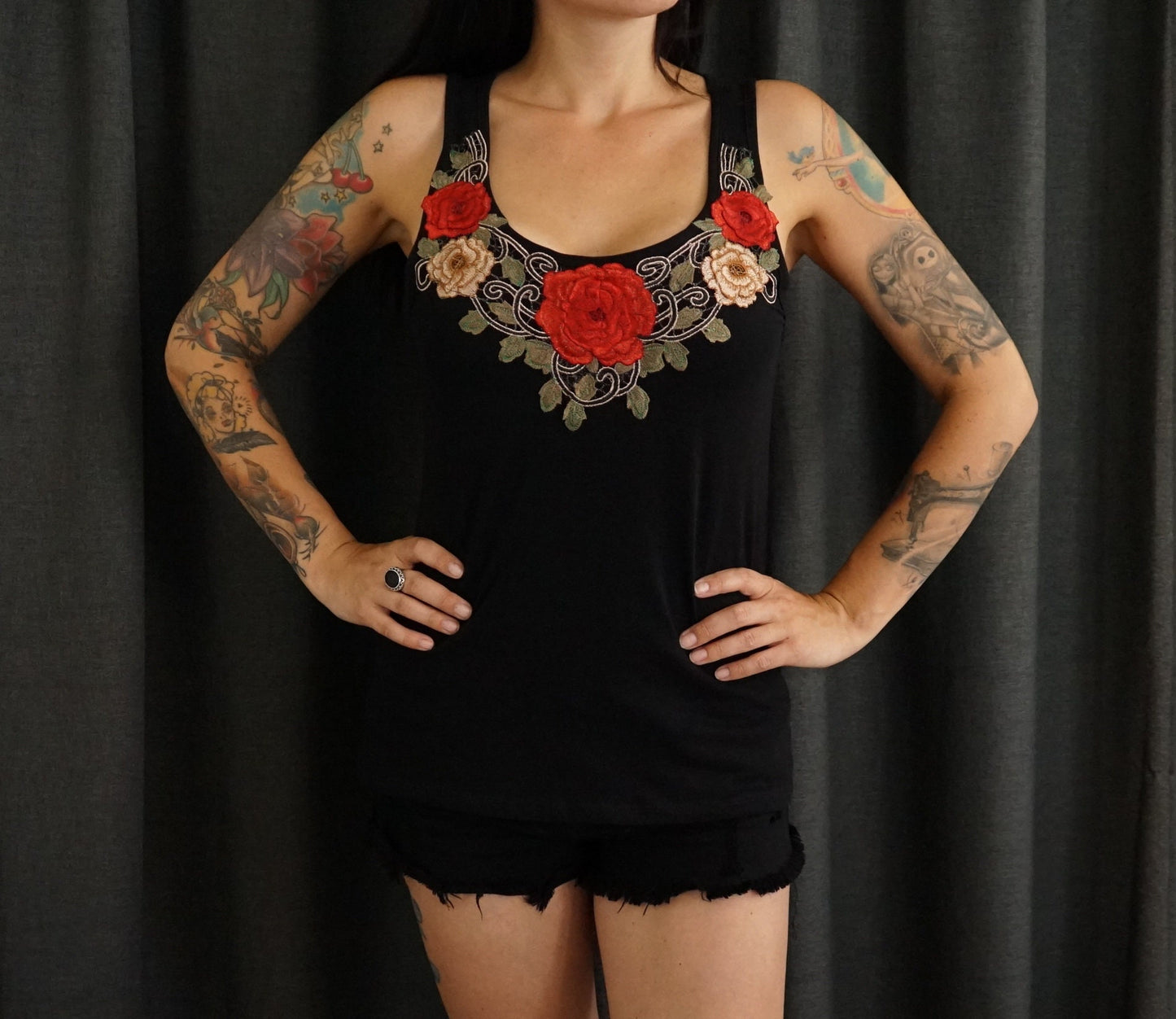 Olivia Paige Clothing -Embroidery  appliqué tattoo rose roses tank top