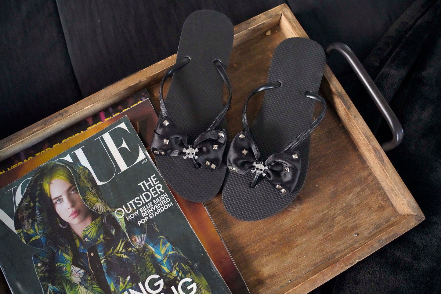 Black Rhinestone Skull Flip Flops: Rockabilly Satin Bow Sandals