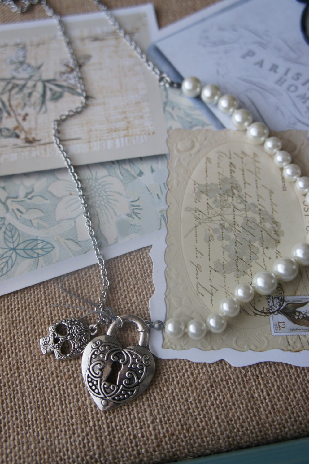 Victorian Heart Lock Necklace: Skull, Pearls, Romantic Skeleton Key