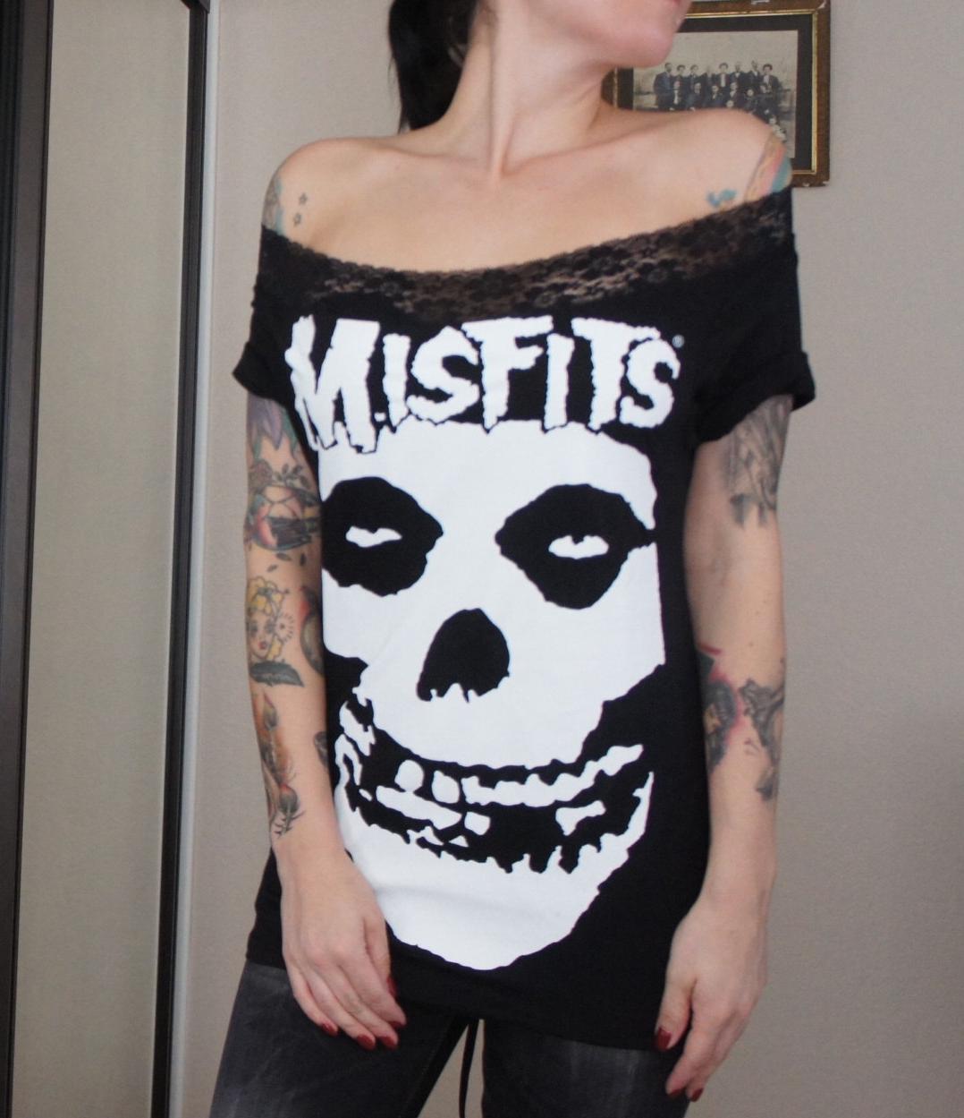Misfits Band Tee: Upcycled Off-Shoulder Lace Top