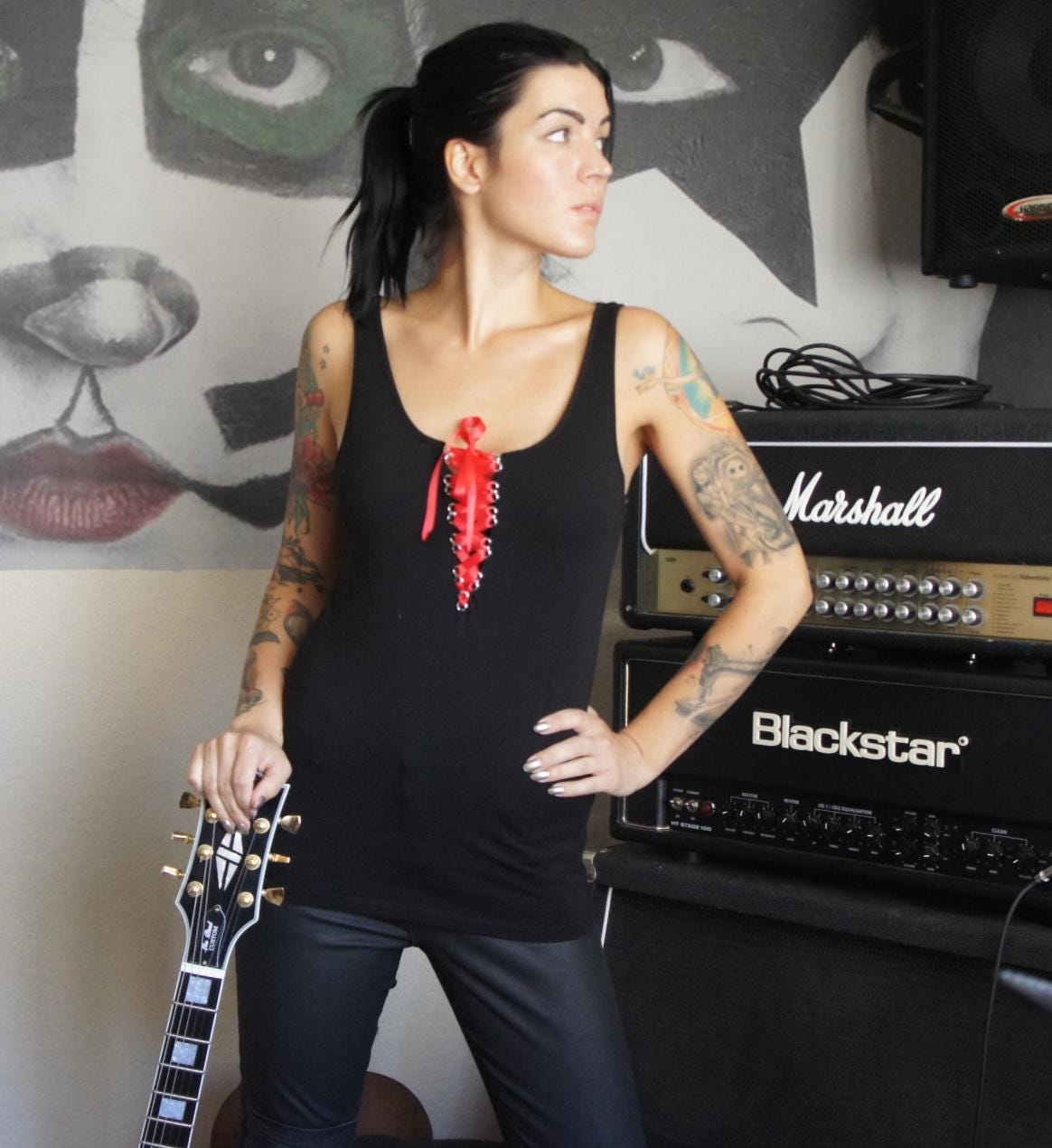 Olivia Paige - Punk rock lace lacing black tank top Rock chick