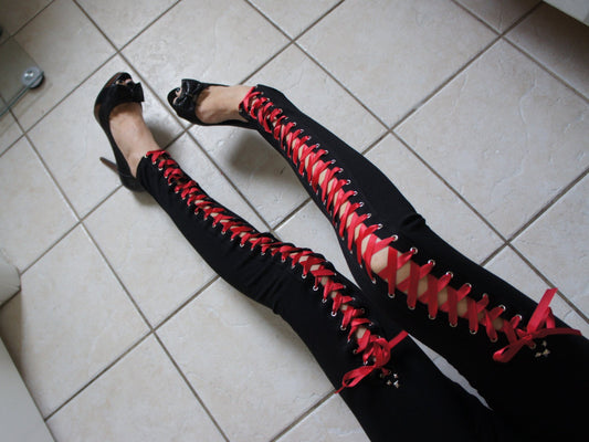 Olivia Paige -Punk rock Leggings with red ribbon Lace Up studs