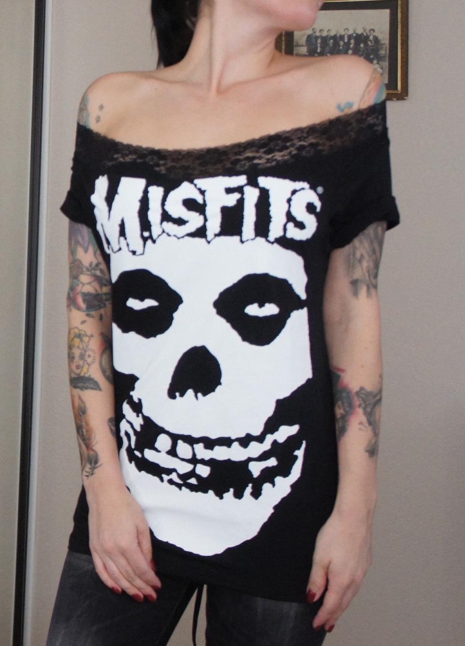 Misfits Band Tee: Upcycled Off-Shoulder Lace Top