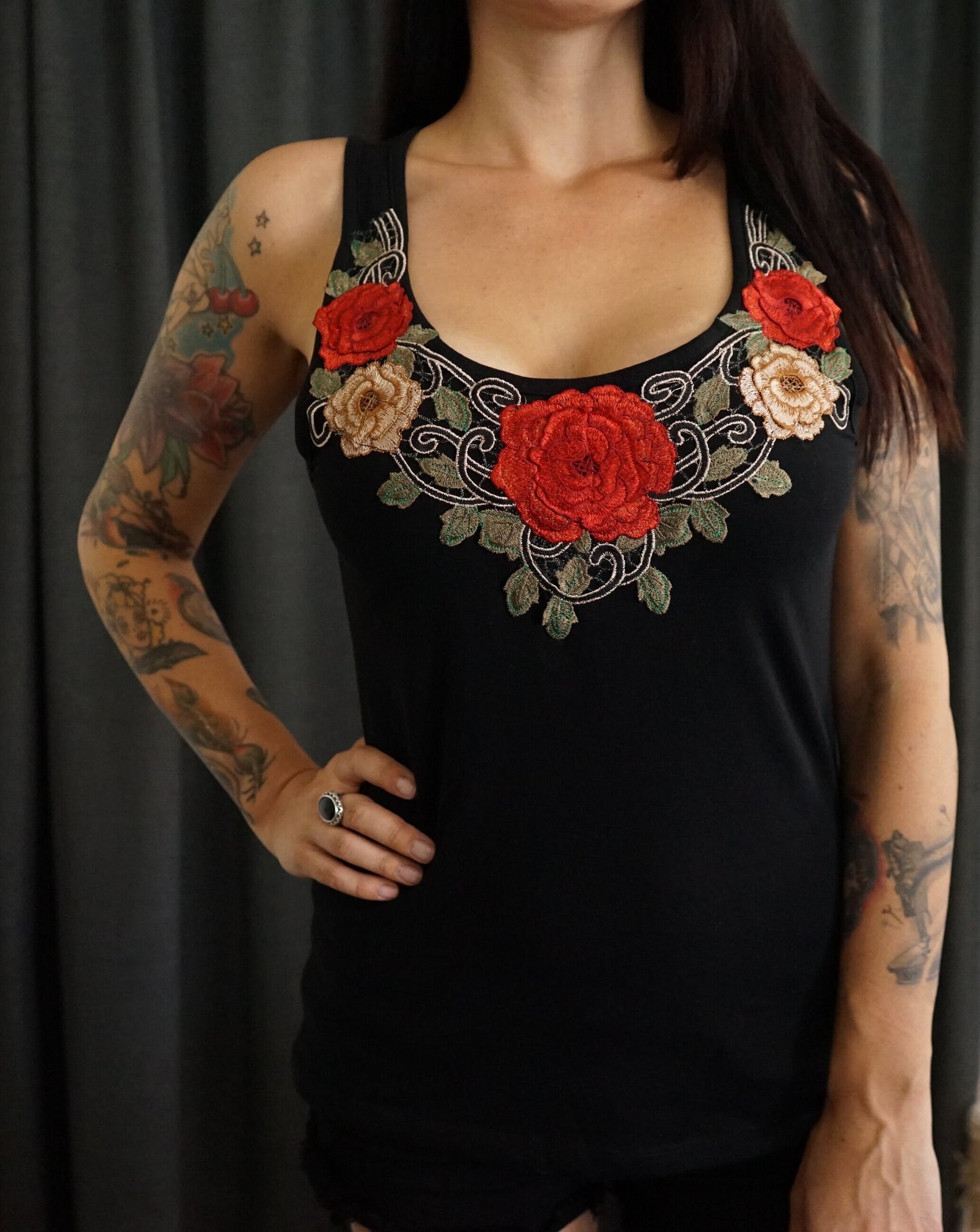 Olivia Paige Clothing -Embroidery  appliqué tattoo rose roses tank top