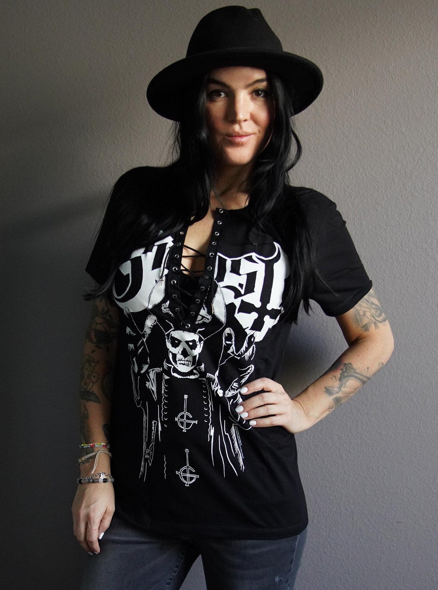 Lace-Up Ghost Band Tee: Upcycled Concert Shirt