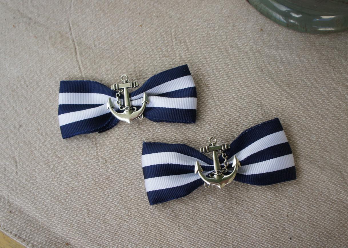 Olivia Paige - Rockabilly Navy Anchor Stripes Bows  shoe Clips  Pin up