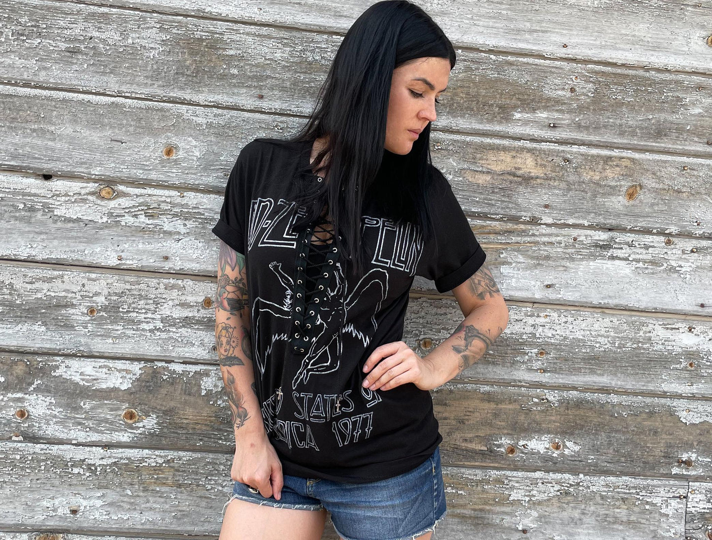 Led Zeppelin Lace-Up Band Tee: Upcycled Concert T-Shirt