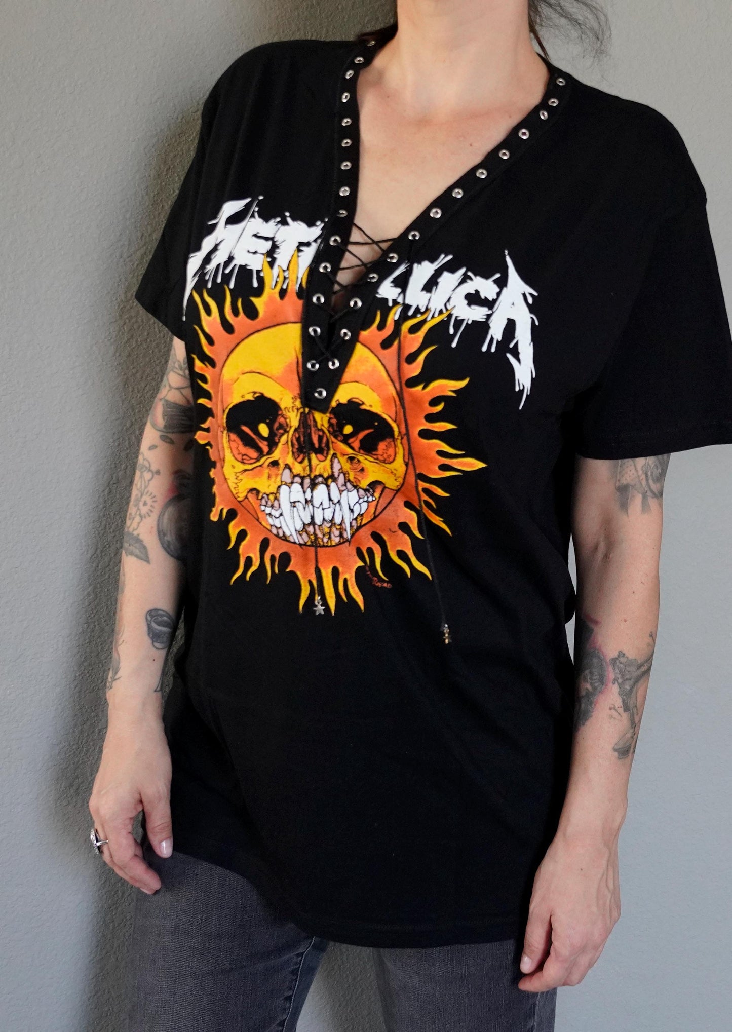 Lace-Up Metallica Concert Tee: Hand-Altered Band Shirt