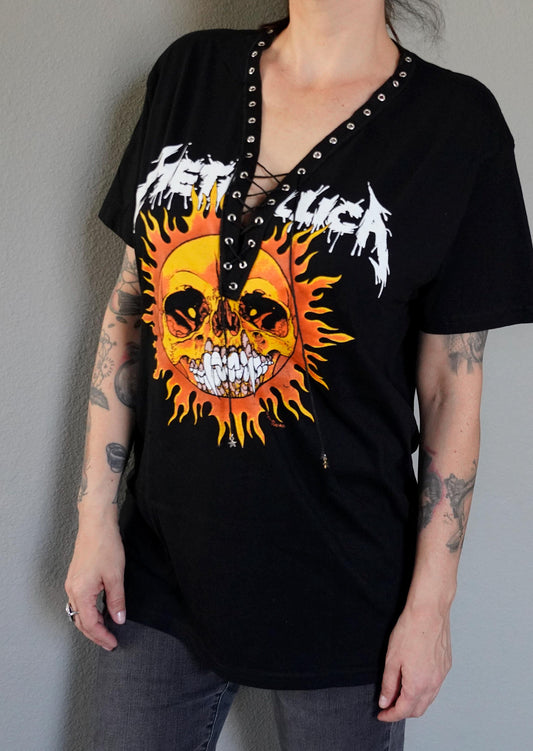 Lace-Up Metallica Concert Tee: Hand-Altered Band Shirt