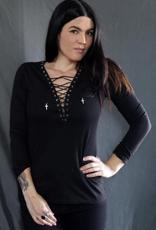 Olivia Paige Clothing Front Eyelet  lace up t-shirt goth gothic top long sleeves