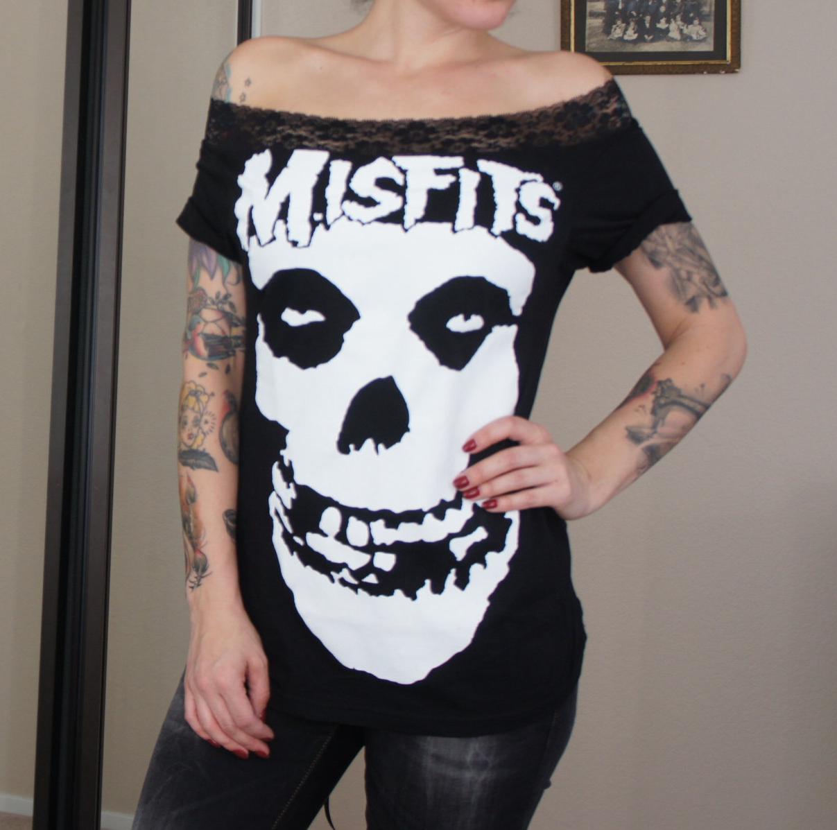 Misfits Band Tee: Upcycled Off-Shoulder Lace Top